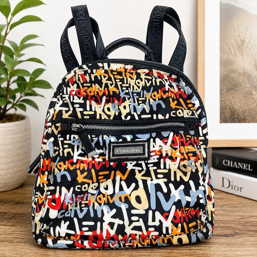 Calvin Klein Graffiti Logo Mini Backpack Purse Black Multicolor Nylon Bag